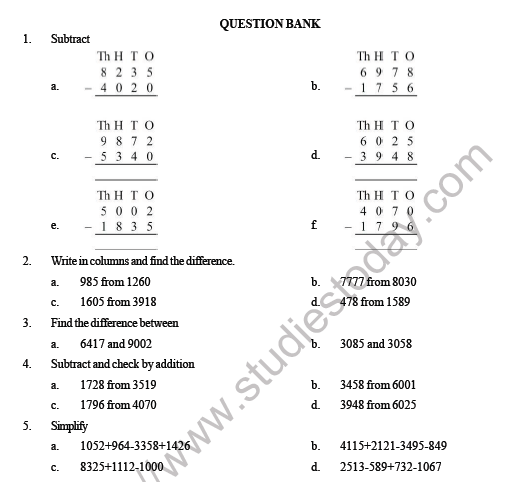 Cbse Class 3 Maths Substraction Question Bank